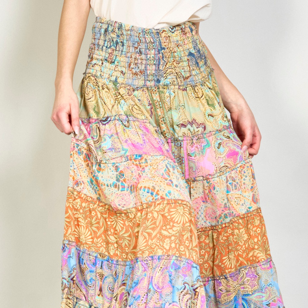 Patchwork bohemian smocked maxi skirt