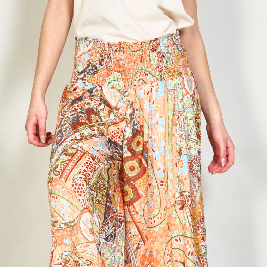 Multicolor patchwork smocked wide-leg trousers 