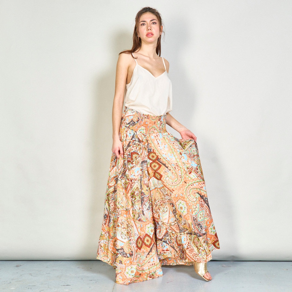 Multicolor patchwork smocked wide-leg trousers 