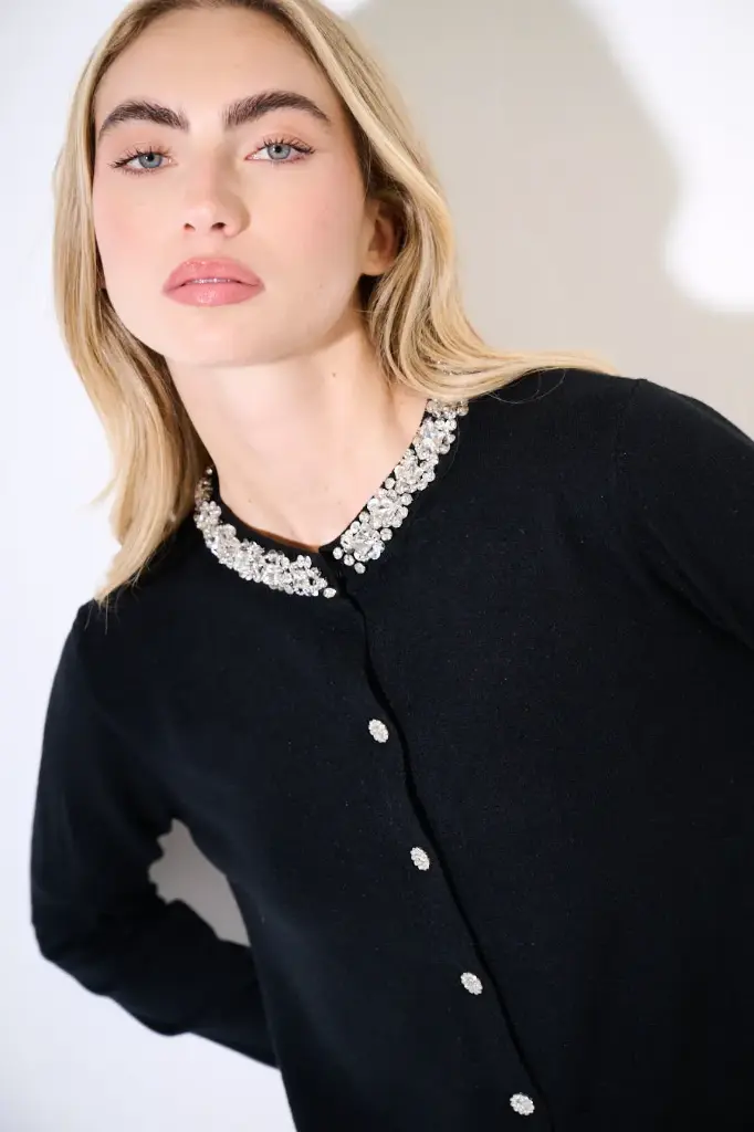 Jeweled collar button front cardigan