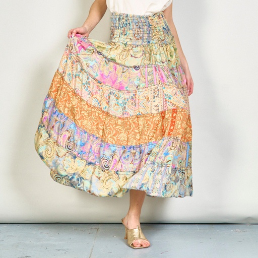 Patchwork bohemian smocked maxi skirt