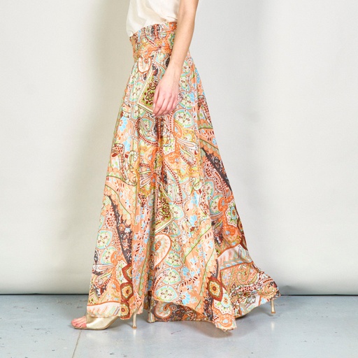 Multicolor patchwork smocked wide-leg trousers 