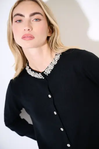 Jeweled collar button front cardigan